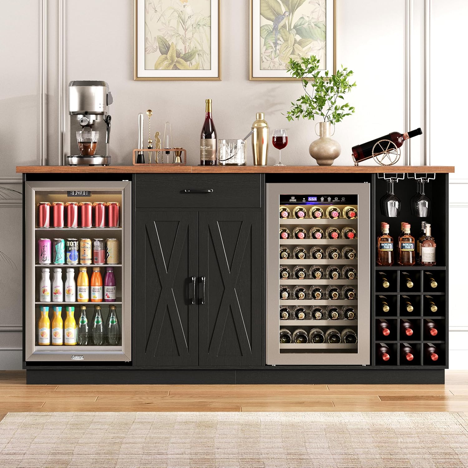 Wine Beer Cooler - 78.74インチ大型コーヒーバーキャビネット（冷蔵庫スペース付き）、ミニ冷蔵庫キャビネット（収納付き）、ワインラック付きリキュールキャビネット、カスタムメイド