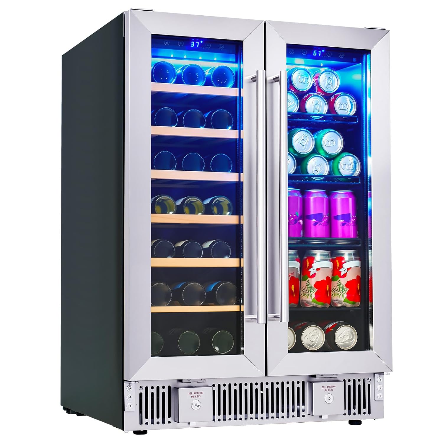 Wine Beer Dual Zone - 飲料用冷蔵庫、24インチデュアルゾーンワイン・ビール冷蔵庫（ガラス扉付き）、自立型/カウンター下設置型クーラー、カスタマイズ可能