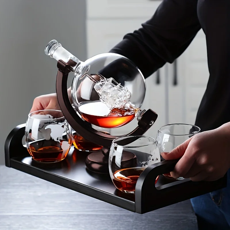 Decanter Aerator Set - 地球儀型のウイスキーデカンタ、ホウケイ酸ガラス製、木製ベース付き、ユニークなワインエアレーターボトル、ホームバーの装飾に最適なギフト