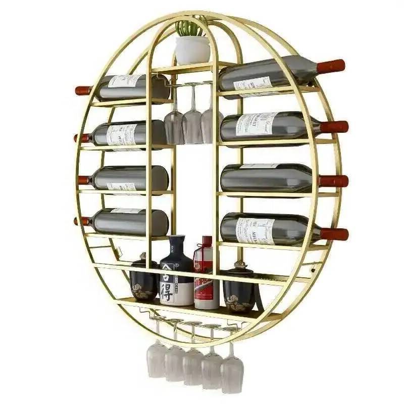 Wine Rack Wall Mount - モダンな北欧風丸型壁掛けワインバーラック、家庭用収納ラック家具、ワイングラスホルダー付き、高級ゴールドアイアンワインキャビネット