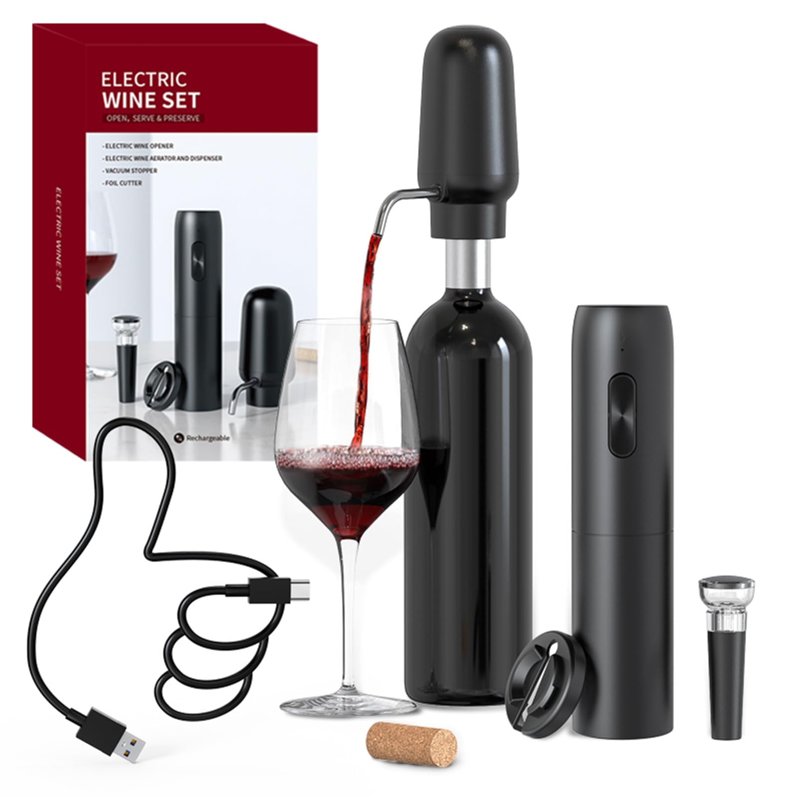 Decanter Aerator Set - インテリジェント電動ワインエアレーター 4-in-1 ワインセット操作自動コルク抜きホイルカッターと真空ワインストッパーバーツール