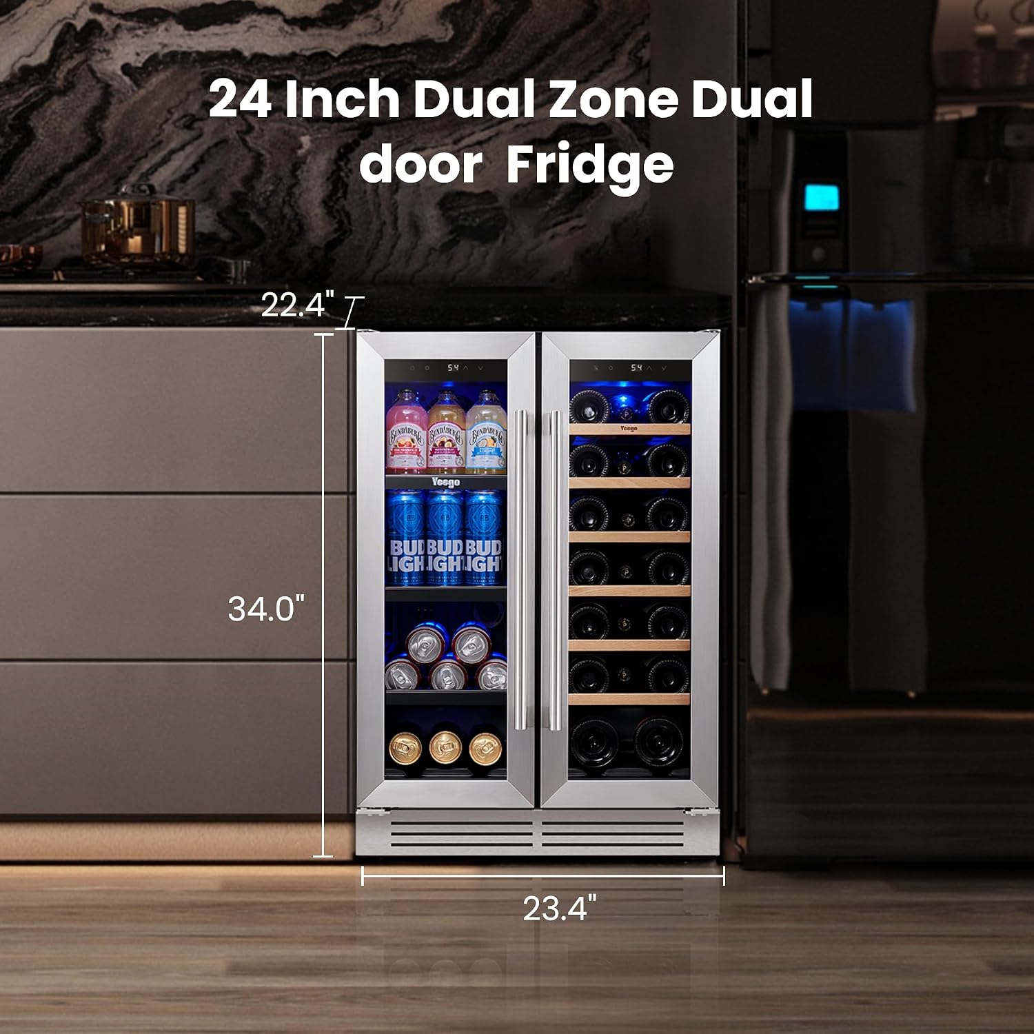 Yeego 24インチ ワイン＆飲料冷蔵庫 - ガラス扉付き - Wine Beer Dual Zone のレビューと価格