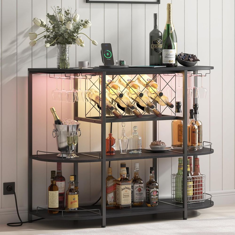 黒色の3段コーヒーテーブル、ワインラック、電源コンセント、L - Wine & Beer Emporium のレビューと価格
