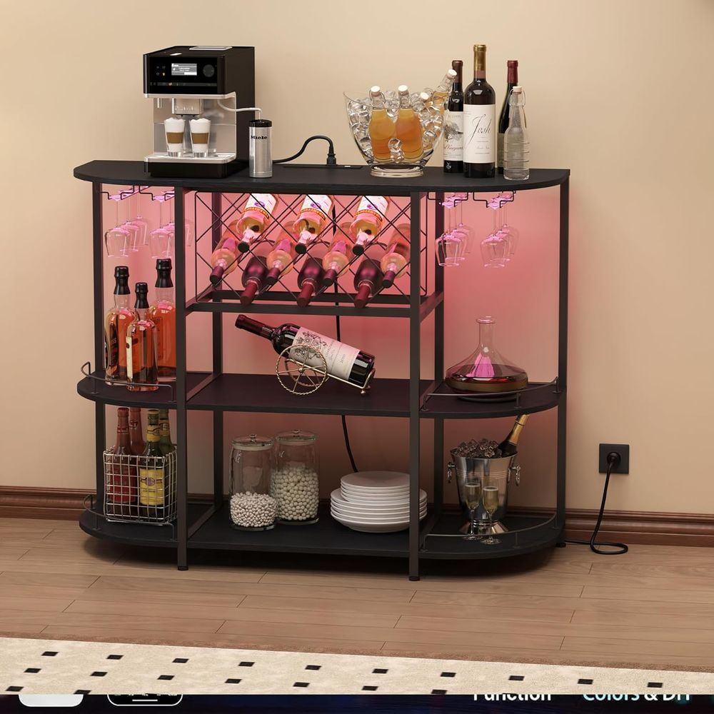 黒色の3段コーヒーテーブル、ワインラック、電源コンセント、L - Wine & Beer Emporium のレビューと価格