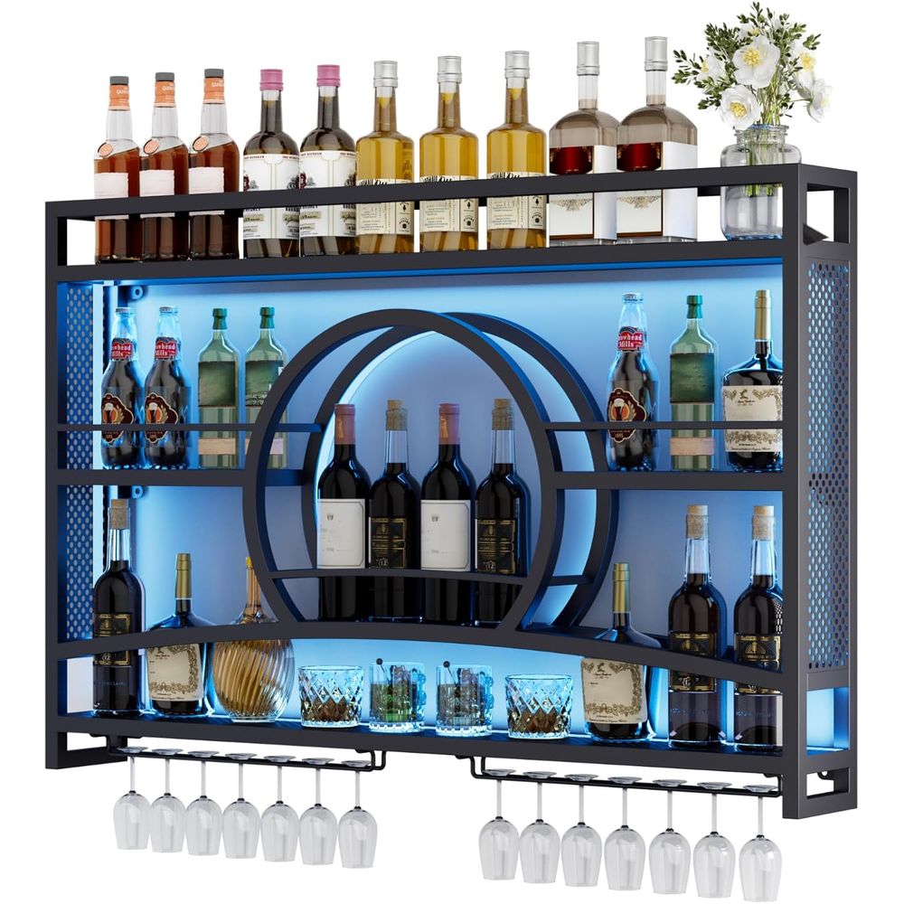 3段46インチワインラック壁掛けLEDライト付き、夕焼け型ハ - Wine Rack Wall Mount のレビューと価格