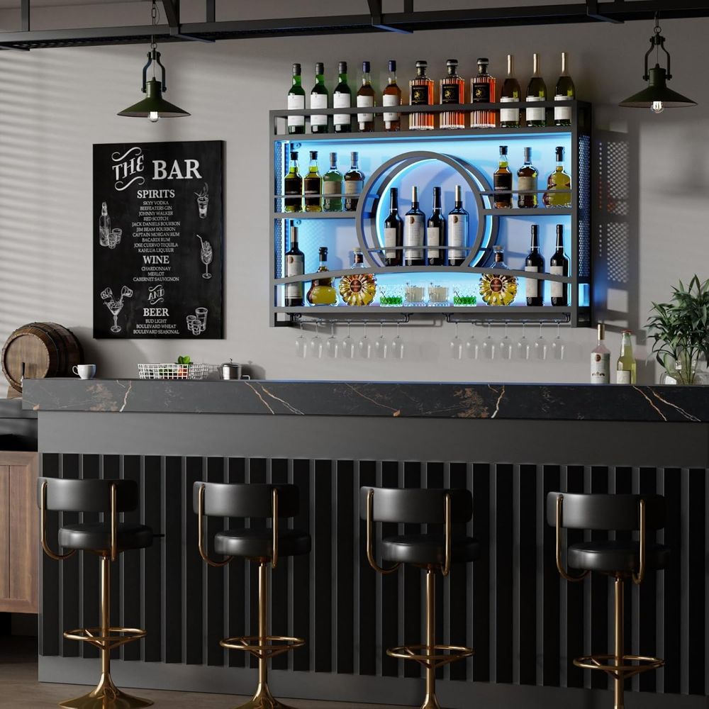 3段46インチワインラック壁掛けLEDライト付き、夕焼け型ハ - Wine Rack Wall Mount のレビューと価格