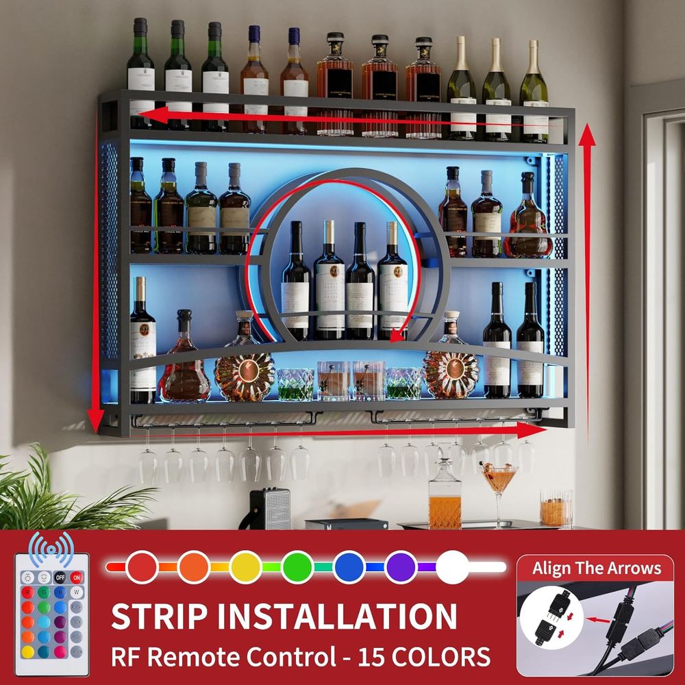 3段46インチワインラック壁掛けLEDライト付き、夕焼け型ハ - Wine Rack Wall Mount のレビューと価格