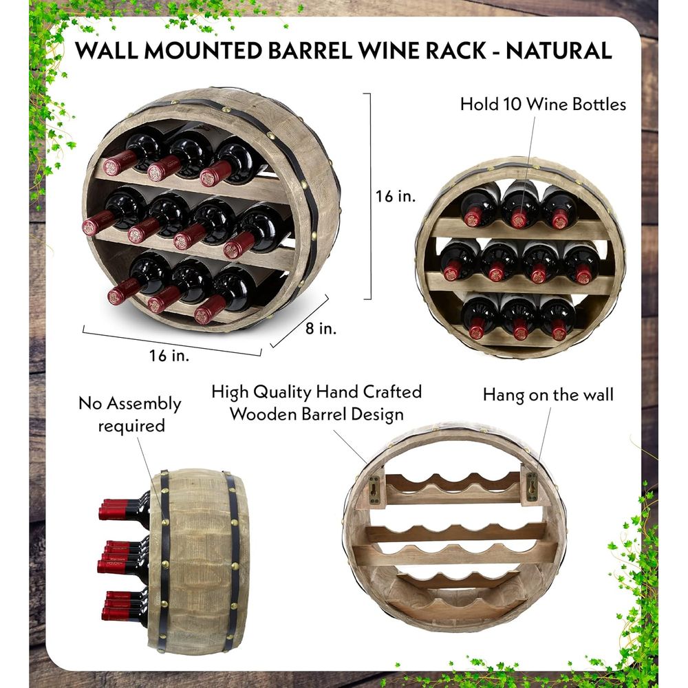 天然木製の工業用壁掛けバレルワインホルダー（10本用）、装飾 - Wine Rack Wall Mount のレビューと価格